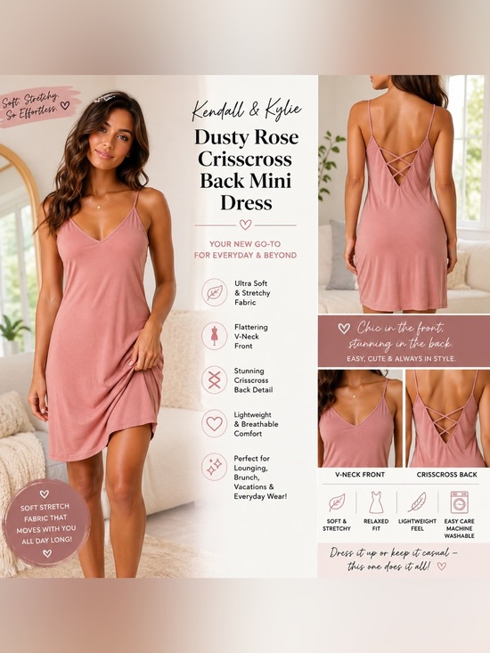 Kendall & Kylie Dresses & Skirts - Dusty Rose Crisscross Back Mini Dress Size Small Soft Stretch Spaghetti Strap